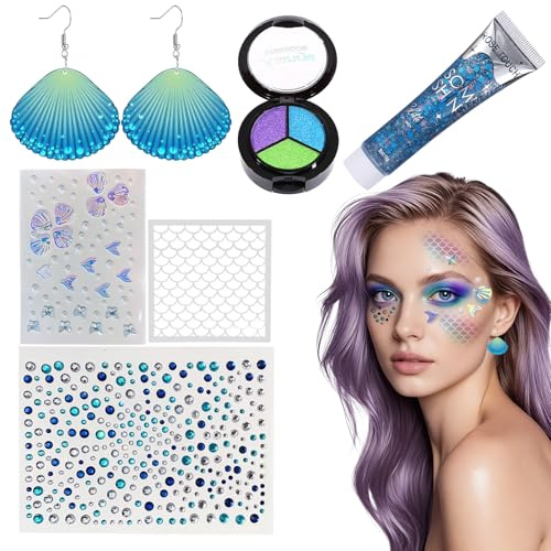 6 Stück Meerjungfrau Schminke,Schuppen Schablonen+Chunky Sequins Glitter Gel+Ohrringe in Muschelform+Blau Glitzersteine Gesicht Selbstklebend+Meerjungfrau Face Paint,für Karneval oder Club Cosplay