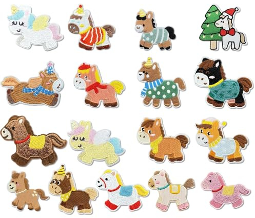 17 Stück Pony Flicken zum Aufbügeln, Selbstklebende Bügelflicken Kinder für Kleidung, Niedliche Einhorn Aufbügelflicken für T-Shirt, Rucksäcke, Jacken, Hut, Jeans, Dekorative Stickereiaufkleber