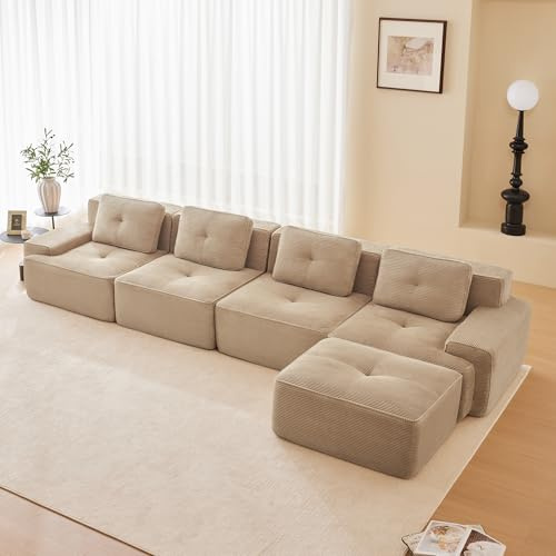 Arhatreya 4-sitsig soffa, modulär soffa, 4-sitsig soffa med kudde och schäslong, L-formad hörnsoffa för vardagsrum, buros, lägenhet, manchester, beige