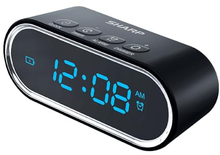 Sharp Travel Alarm Clock with Rechargeable Mini Power Bank – Portable Digital Alarm Clock with Countdown Timer, Adjustable Brightness, USB-C Emergency Phone Charger
