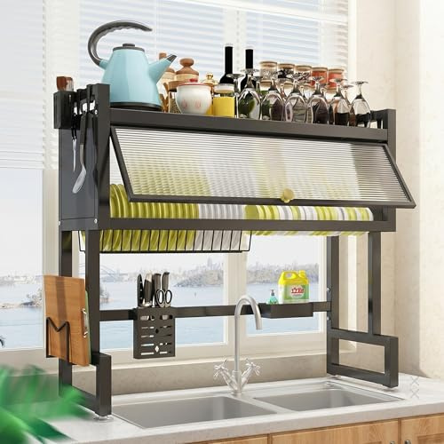 SOONHUA Scolapiatti sopra il lavello, scolapiatti a 3 livelli con gancio, supporto per coltelli e taglieri per asciugare ciotole, piatti, tazze (75 x 31 x 79,5 cm)