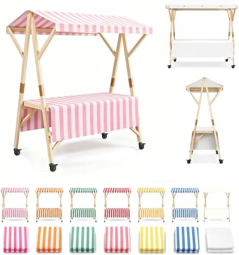 Carrito De Venta Portátil con Toldo, Carritos De Comida Móviles con Ruedas con Bloqueo, Puesto Ambulante Plegable, Kiosco Snack Madera, Stand Exhibición para Bazar Y Catering(Pink,L 150cm/59in)