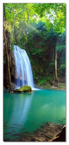 Wallario Selbstklebende Türtapete mit Schutzlaminat Wasserfall im Wald am See Idylle in Thailand - Türposter 93 x 205 cm Abwischbar, rückstandsfrei zu entfernen