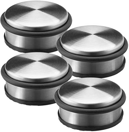 Relaxdays 4 x Türstopper Edelstahl Boden, Türfeststeller mit Gummiring, Türpuffer Gummi, HxBxT: 4,5 x 10 x 10 cm, Silber