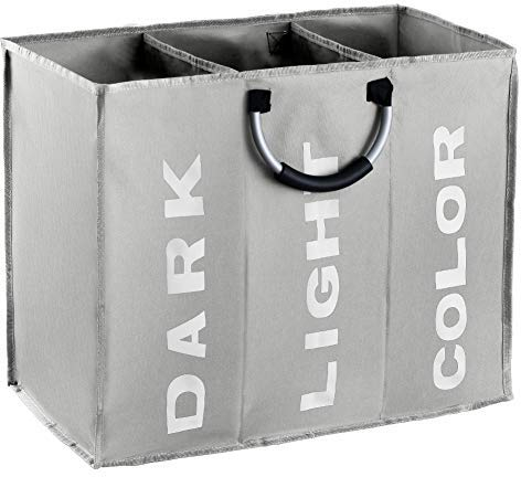 IHOMAGIC 3 Sections Large Laundry Hamper, Collapsible Laundry Bag, Foldable Washing Clothes Sorter, Storage Bag with Carry Handles, Dirty Clothes Bag for Bathroom, Bedroom, 90L, Light Grey