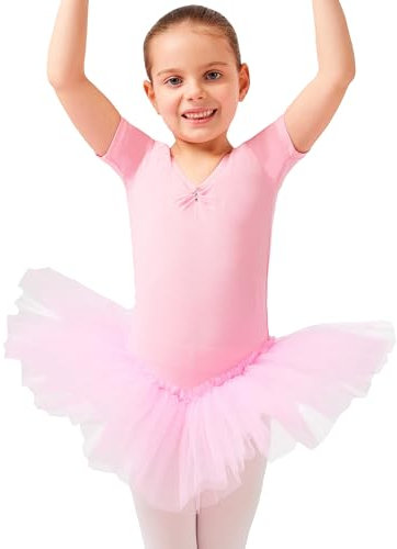 tanzmuster ® Ballettkleid Mädchen Tutu - Nele- aus weichem Baumwollstoff mit Glitzersteinen fürs Kinder Ballett Ballettbody Ballett Trikot, Rosa 92-98