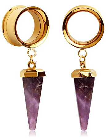 KUBOOZ (1 Paar Amethyst-Stein Anhänger Goldene Edelstahl Ohrstöpsel Tunnel Messgeräte Keil Piercings.