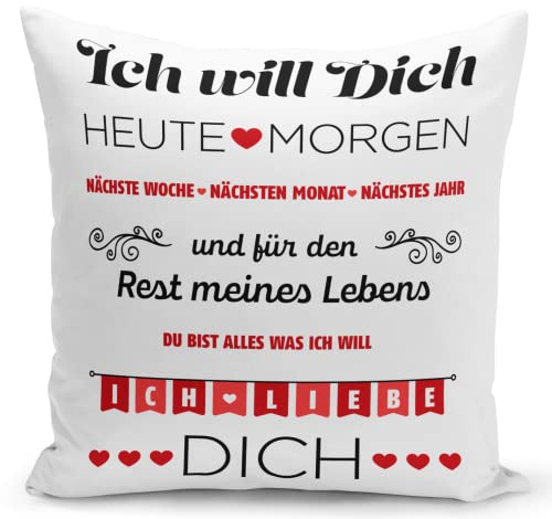 Tassenbrennerei Kissen mit Spruch Ich Will Dich, Ich Liebe Dich - Geschenk für Frau, Freundin, Mann - Kissenhülle inklusive Kissen (Rot)