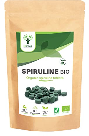 Spiruline Bio - Bioptimal - Complément alimentaire - BCAA Fer Vitamine A - 65% de Protéine - 17% de Phycocyanine - 500 mg/comprimé - Conditionnée en France - Certification Ecocert - 600 comprimés