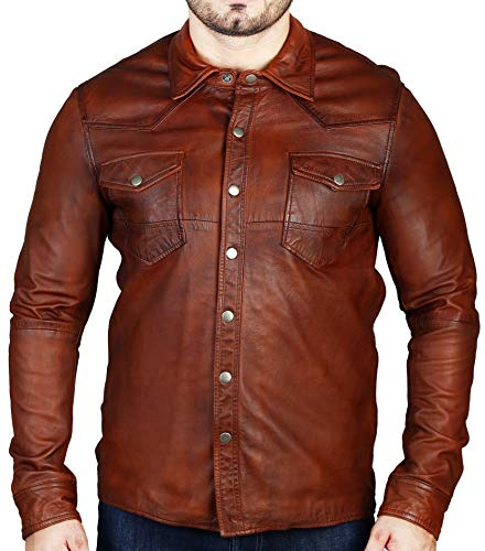 Chemise en cuir véritable marron pour homme en peau d'agneau véritable délavée, marron clair, peau, 3XL