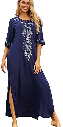 YOUKD Abito Estivo in Cotone Caftano Floreale Ricamato Vestaglia da Spiaggia Boho Allentata Bikini Coprire Il Vestito per Donne