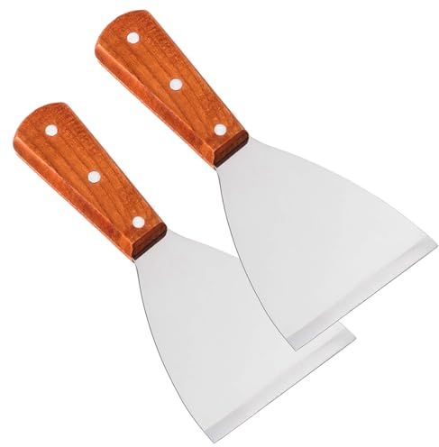 RJWKAZ Premium Stainless Steel Slant Edge Grill Scrapers Wood Handle for Barbecue Cooking 2 Pack