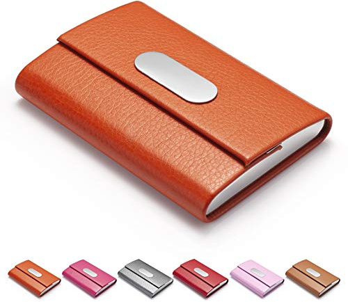 FACATH - Porta biglietti da visita da donna, in pelle PU e acciaio inox, porta biglietti da visita in metallo con chiusura magnetica, colore: Arancione