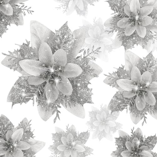 BLAZOR 20PCS Glitter Large Poinsettia Christmas Artificial Flowers Christmas Tree Floral Ornaments Decorations Xmas Tree Pendant Christmas Wreath (20PCS, Silver)