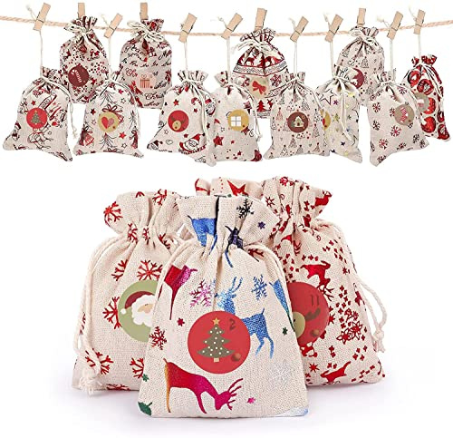 LATERN 24 Stk Weihnachtsleinen Kordelzugbeutel, 12 Styles Jute Goodie Bags Schmuck Geschenkbeutel - mit Holzclip Weihnachtsaufkleber und Schnur, für Weihnachtshochzeits Geschenkverpackung (10 x 14cm)