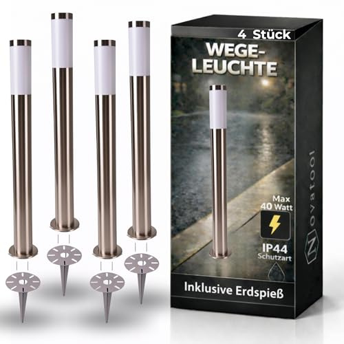 Novatool 4x Wegeleuchte I 110 cm I mit Erdspieß I Edelstahl I IP44 I E27 Sockel I Wegebeleuchtung aussen Aussenleuchten Garten Standleuchte Terassenleuchte Gartenleuchte stehend Terrassenlampe
