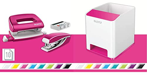 Leitz 55996023 Mini-Heftgerät-und Locher-Set (für bis zu 10 Blatt, Inkl. Heftklammern, WOW) metallic pink & Sound Stifteköcher mit Soundverstärkungsfunktion, Weiß/Pink, Duo Colour, WOW, 53631023