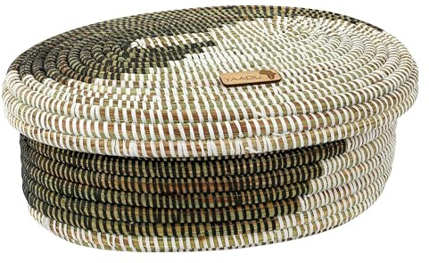YAADU Cesta de almacenamiento trenzada con tapa – Cesta para el pan organizador, cesta multifunción para estante, caja de almacenamiento para juguetes, maquillaje, panera redonda, modelo Ujamaa