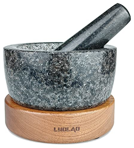 LUOLAO Grand mortier et pilon, capacité de 2 tasses, bol molcajete en granit lourd avec base en bois, utilisé dans le guacamole, la salsa, le broyeur d'herbes, broyez et écrasez les épices et les