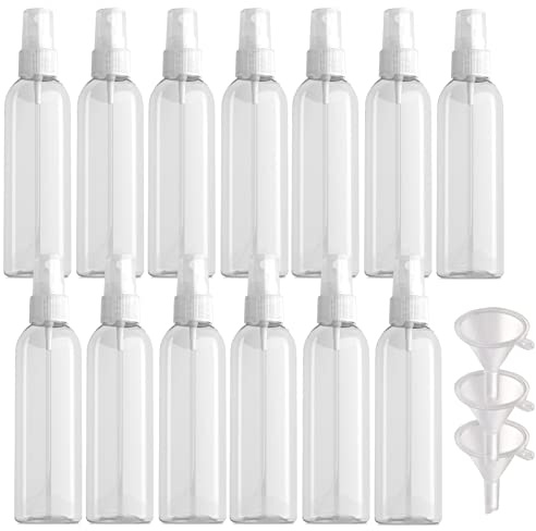 PQPAUTY 15 Piezas Pequeño 200ml Botella de Spray Plástico PET Vacías Transparentes con Bomba en Spray Transparentes de Niebla Atomizador para Perfume Viaje Artículos de Agua Cosmético, 3 Pieza Embudo