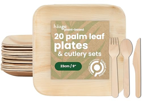 HAAGO 80 Piece Disposable Plates & Cutlery Set - 20 23cm Square Palm Leaf Dinner Plates & 60 Piece Birchwood Cutlery Set - Compostable, Eco-Friendly, Freezer & Microwave Safe, Like Wooden Plate