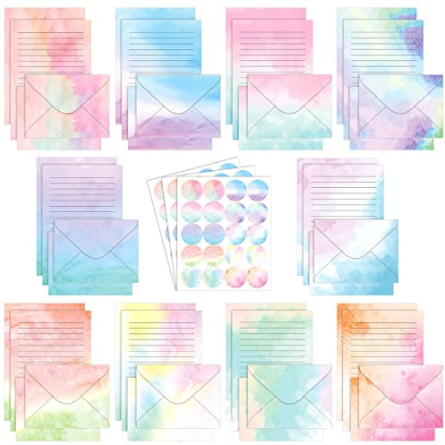 TaoBary 160 Pcs Stationery Paper Set 50 Double Sided Stationery Papers with 50 Matching Envelopes and 60 Round Dot Sticker, 10 Design(Watercolor,5.5 x 8.25 Inch)