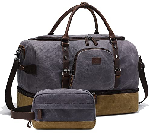Nerlion Weekender-Tasche mit Schuhfach, Übernachtungstasche für Herren, Segeltuch, echtes Leder, Handgepäck, Reisetasche, Grau, 21L x 10W x 15H, Reisetasche
