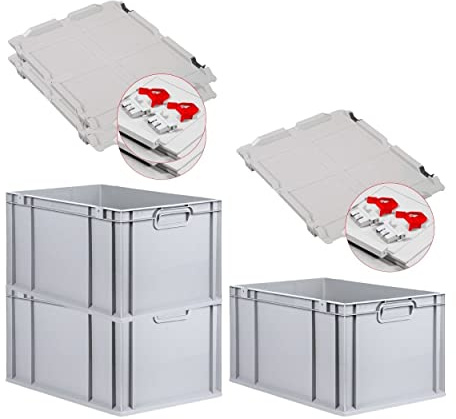 PROREGAL SuperSparSet 3x Eurobox NextGen Grip mit Scharnierdeckel und roten Schiebeschnappverschlüssen, HxBxT 32x40x60cm, 65 L, Grau, Griffe geschlossen, Eurobehälter, Transportbox