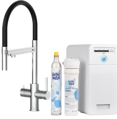 Living Water Sprudel-Wasserhahn mit Kohlensäure, Untertisch-Trinkwassersystem mit 5-Wege-Edelstahl-Armatur, LivingTap Pro Sprudelwasser aus dem Hahn mit Brause-Auslauf