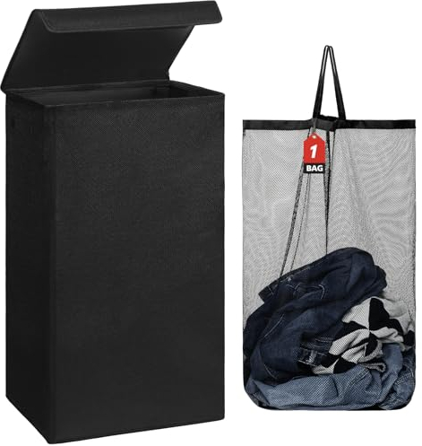 DOKEHOM 100L Wäschekorb mit Deckel und abnehmbaren Wäschesäcken, großer faltbarer Wäschekorb für Schlafzimmer, Badezimmer, Waschküche, College (Schwarz)