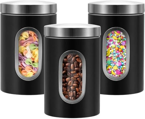 Eidoct Tea Coffee and Sugar Canisters Set, Kitchen Canister Set 3 Piece Stainless Steel Coffee Tea Sugar Clear with Glass Viewing Window & Airtight Lids,Cereal Storage Container for Kitchen
