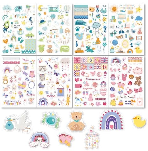 Goiern 4 stycken 215 klistermärken babyalbum, klistermärken för barn och baby fotoalbum, 8 ark DIN-A4 gör-det-själv scrapbooking klistermärken för design, baby screpbook-klistermärken (färgglada)
