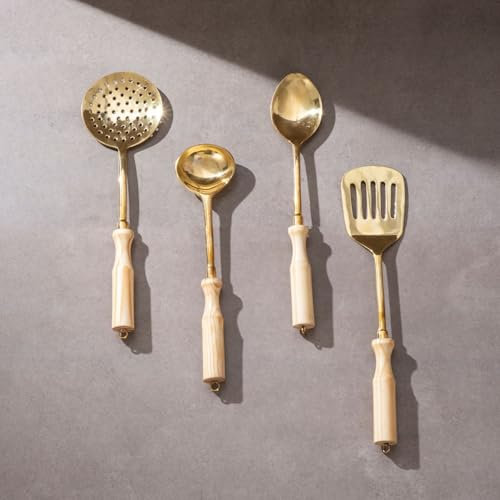 P-TAL Brass Ladle Set for Kitchen Ptal Brass Utensils Serving and Kitchen Tools Scoop Ladle Skimmer Serving Spoon Spatula Set of 4 (Free 30ml Copper & Bras Cleaning Solution)