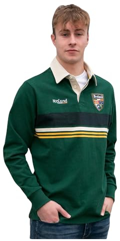 Herren Rugby-Shirt mit kontrastierenden Brust-Cut'n' Sew Streifen und Kontrastleiste und Kragen, 100% Baumwolle, hergestellt in Irland, Smaragd, Mittel