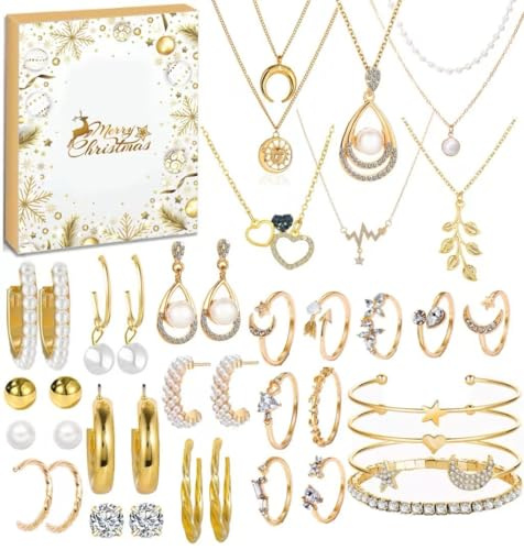 Schmuck-Set, Adventskalender 2025, 24 Tage, Countdown-Kalender für Erwachsene, Frauen, Weihnachten, modisches Armband, Halskette, Ringe, Ohrringe, Weihnachtsüberraschungsgeschenk für Ehefrau, Tochter
