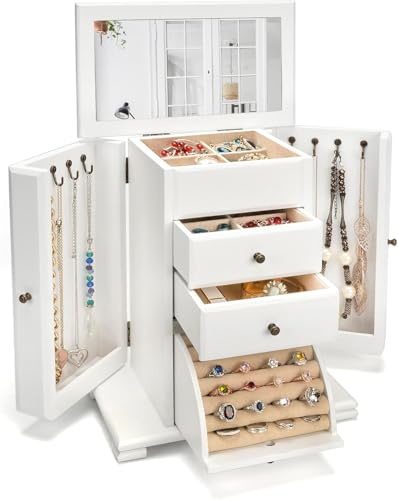 Emfogoo Joyeros Mujer Organizador, Joyero Madera Grande Puede Contener Anillos, Pendientes, Collares y Pulseras (Blanco, 4 Niveles)