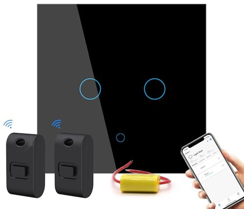 Smart Light Switch, Tuya/SmartLife App Remote Control, Wireless Kinetic Fob Switch Control, No Neutral Wire Required, Neutral Line Optional, Easy Two-Way Control (Black(2Gang))