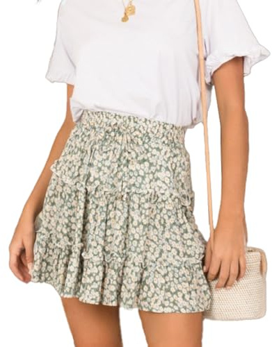 EMOTTOS Womens Flared Short Skirt, Boho High Waist Elasticated Floral Print Pleated Mini Skater Skirt with Drawstring, Bohemia Ruffle Hem Floaty Floral Skirt for Ladies, Green, L