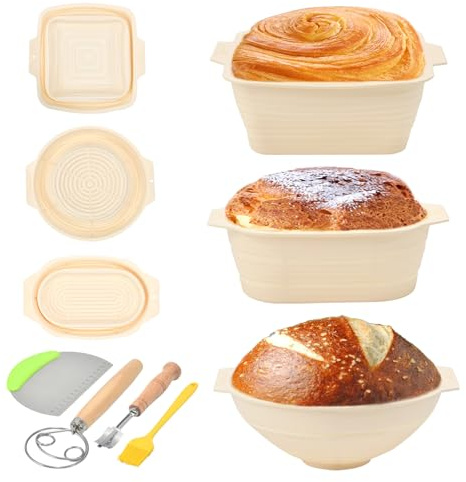 Joyeee Cestino Lievitazione Pane, 3pcs Pieghevole Cestini Lievitazione Pane in Silicone Rotondo 24cm Ovale 27cm e 26cm Quadrati, Accessori per Cottura in Casa con Taglierino Pane e Frusta per Pasta