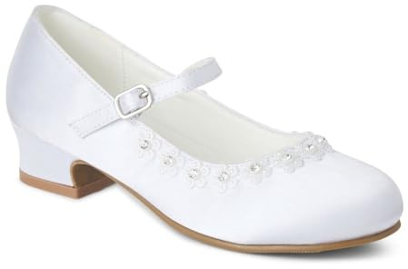 Girls' White Satin Mary Jane Shoes, Low Heel with Diamante Detail, Communion Wedding Party Special Occasion (White, UK Footwear Size System, Big Kid, Women, Numeric, Medium, 2)