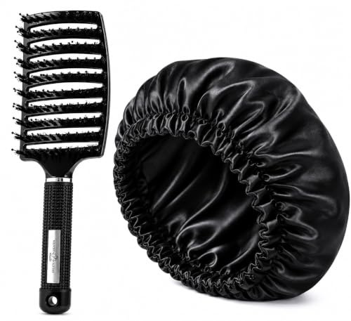 KESSATEN Kit Brosse démêlante + Bonnet satin cheveux nuit – curly hair brush, brosse magique, bonnet en satin pour cheveux nuit anti-casse– Tous Types de Cheveux – Outil Nettoyage & EBook Offert