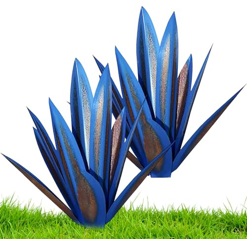 OnIUeZky 2pcs Jardin Tequila décor DIY métal Tequila Sculpture Rustique métal Agave Yard Art pour pelouse extérieur décoration Jardin décoration Bleu..