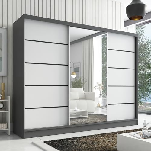 A&J MöbelLand Kleiderschrank Aurelia 2 – Schwebetürenschrank 200 cm breit mit Spiegel, 3-türig, Kleiderschrank mit Schubladen, Schiebetürenschrank für Schlafzimmer oder Garderobe