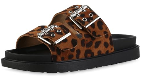 VAN HILL Damen Pantoletten Plateau Schnallen Trendy Schuhe 217447 Leopard Robust 37