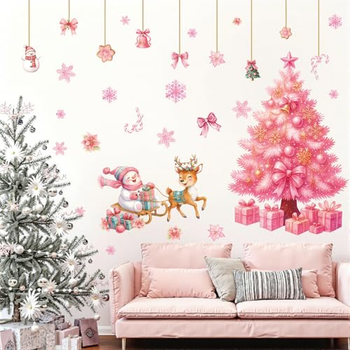 TOARTI Rosa Weihnachten Fenster Wandtattoo Weihnachtsbaum Große Wandaufkleber Baum Aquarell Fensteraufkleber Stechpalme Kranz Mistelzweig Schaufenster Glas Tür Party Weihnachtsdeko