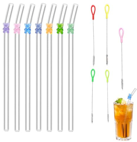 KEWUF 7 Pcs cannucce riutilizzabili, cannucce riutilizzabili, Cannucce in Vetro Riutilizzabili, Cannucce in Vetro Curve, con Spazzole per La Pulizia Di Succhi, Cocktail, Frullati, Caffè, Latte（Orso）