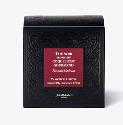 DAMMANN The Coquelicot Gourmand - The noir aromes aromes Framboise, Cerise, Violette, Vanille, Amande, Biscuit | boite 25 Sachets cristal