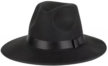 OHEETU Chapeau Fedora classique noir à large bord en feutre Panama Jazz Derby Casquette avec bande réglable pour homme et femme (56-59 cm)