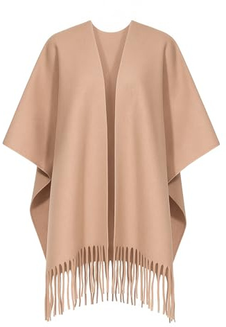 DANAEST Damen Poncho Cape mit Fransen – weiche Acrylfaser, Einheitsgröße, Strick Überwurf Schal, Cardigan Alternative (Camel Beige)