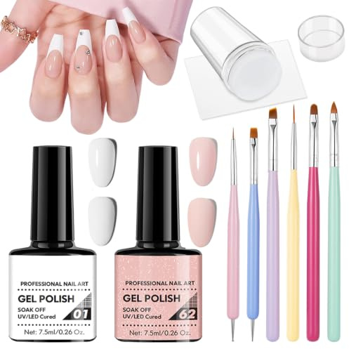 QIUFSSE French Manicure Kit,French Nail Stamper,Nude Pink and White Polish | All-in-One French Nail Kit,Ease to Use,French Tip Tool for Nail Art DIY Design